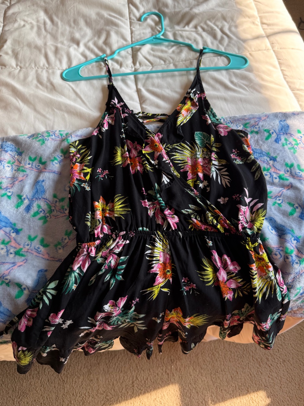 Floral Black Sleeveless Ruffle Romper